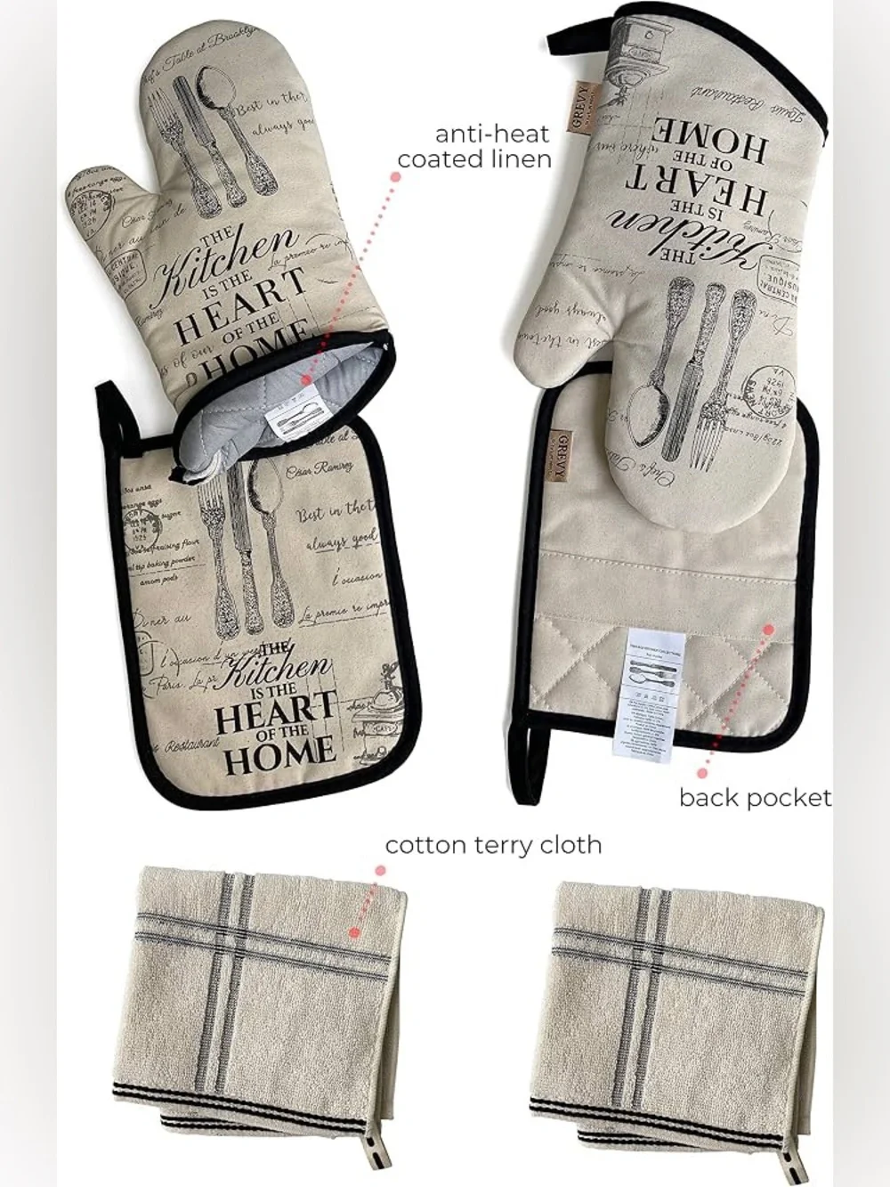 Grevy 1 pair of oven mitts, 2 pot holders and 2 cotton terry tea towels 6 pieces